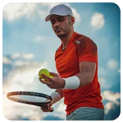 A man holding a tennis racket and tennis ball, ready to serve