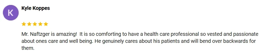 A 5-star Google review of Ohio Men's Health praising the professional and passionate care