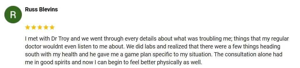 A 5-star Google review of Ohio Men's Health praising the easy, thoughtful consultation