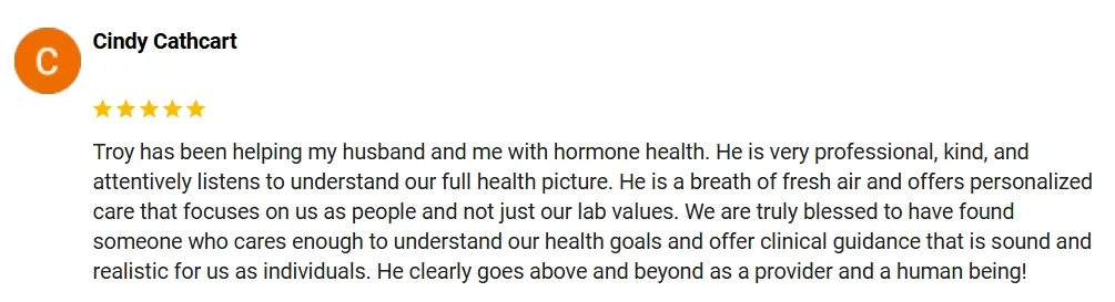 A 5-star Google review of Ohio Men's Health praising the hormone health treatment