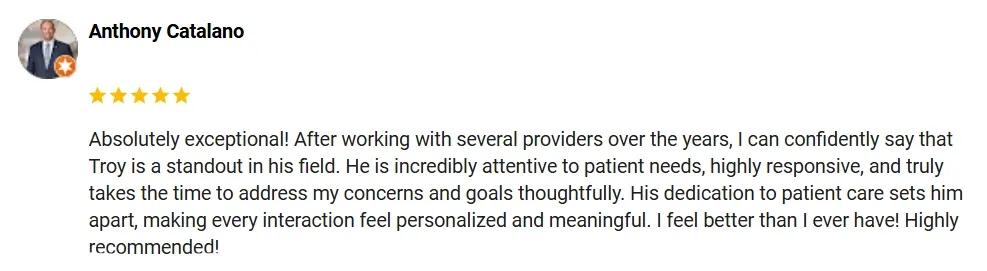A 5-star Google review of Ohio Men's Health praising the exceptional care