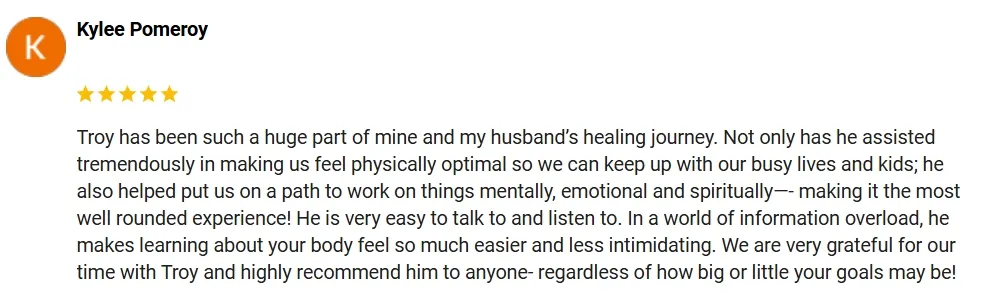 A 5-star Google review of Ohio Men's Health praising Troy and his guidance