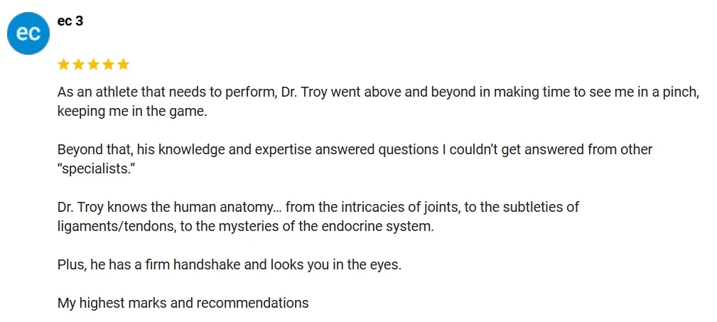 A 5-star Google review of Ohio Men's Health praising athletic benefits of treatment