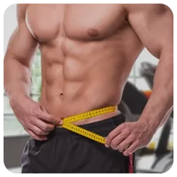 A muscled man measuring his waist with a tape measure